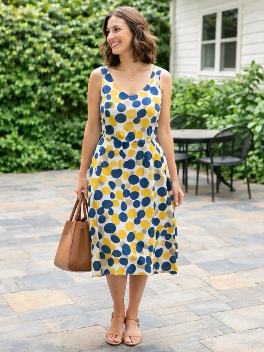 Anne Klein Polka Dot Sleeveless Midi Dress Size 16  Cotton Lined Fit & Flare